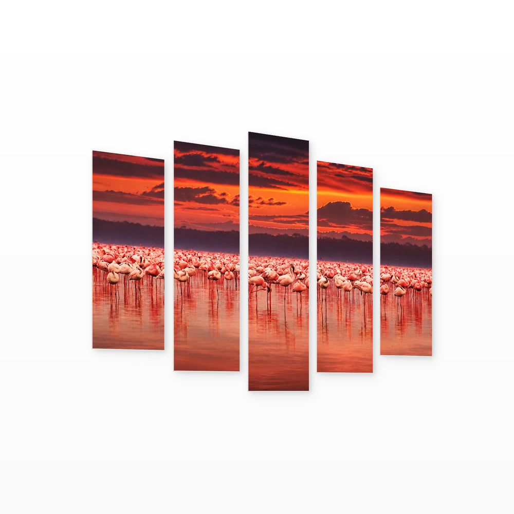 Flamingo Lake at Crimson Sunset — five-panel wall art on white background in perspective | 5wallart 55324 M1