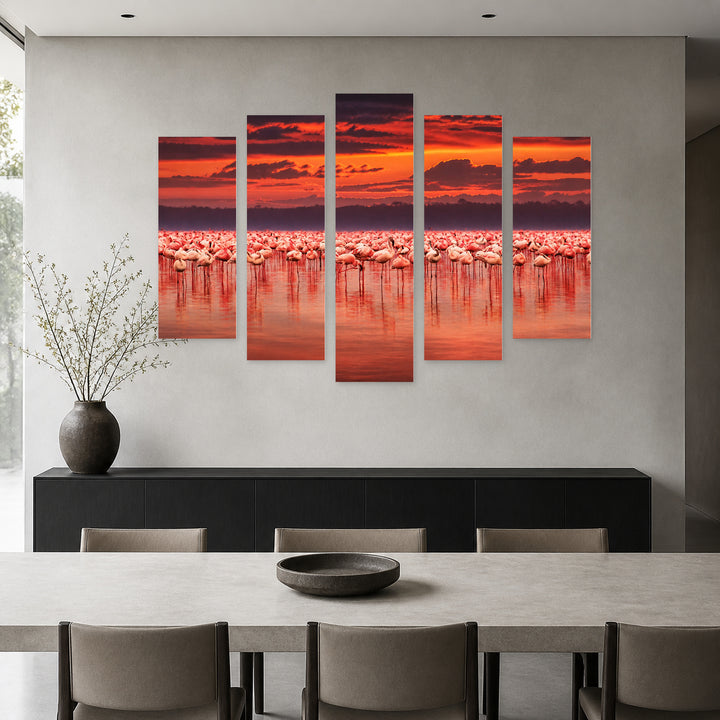 Flamingo Lake at Crimson Sunset — five-panel wall art in frontal interior | 5wallart 55324 M3