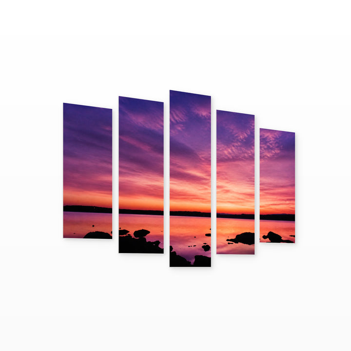 Romantic Sunset over the Sea with Dreamlike Atmosphere — five-panel wall art on white background in perspective | 5wallart 55325 M1