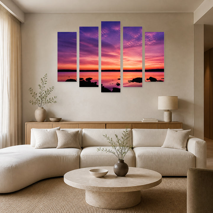 Romantic Sunset over the Sea with Dreamlike Atmosphere — five-panel wall art in frontal interior | 5wallart 55325 M3