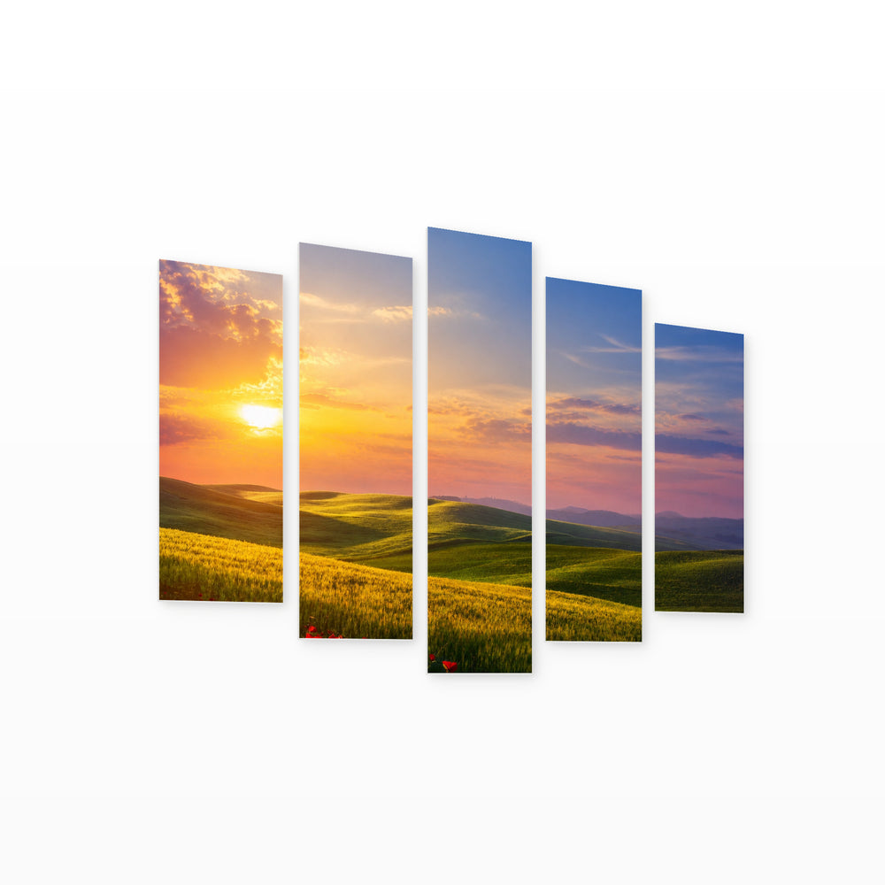 Natural Landscape at Golden Sunset — five-panel wall art on white background in perspective | 5wallart 55326 M1