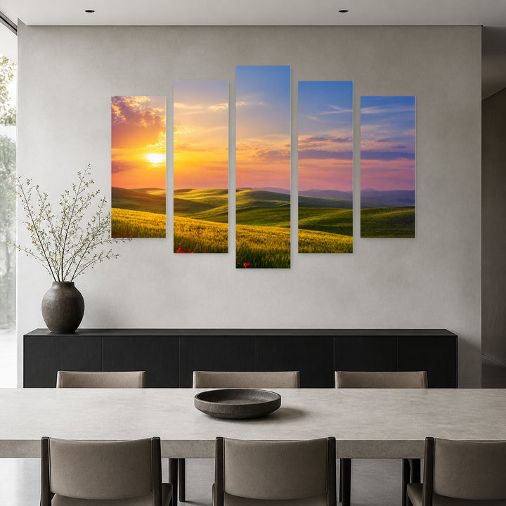 Natural Landscape at Golden Sunset — five-panel wall art in frontal interior | 5wallart 55326 M3