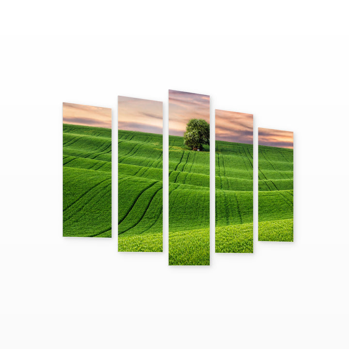Rural Landscape with Field and Tree Landscape Study — five-panel wall art on white background in perspective | 5wallart 55327 M1