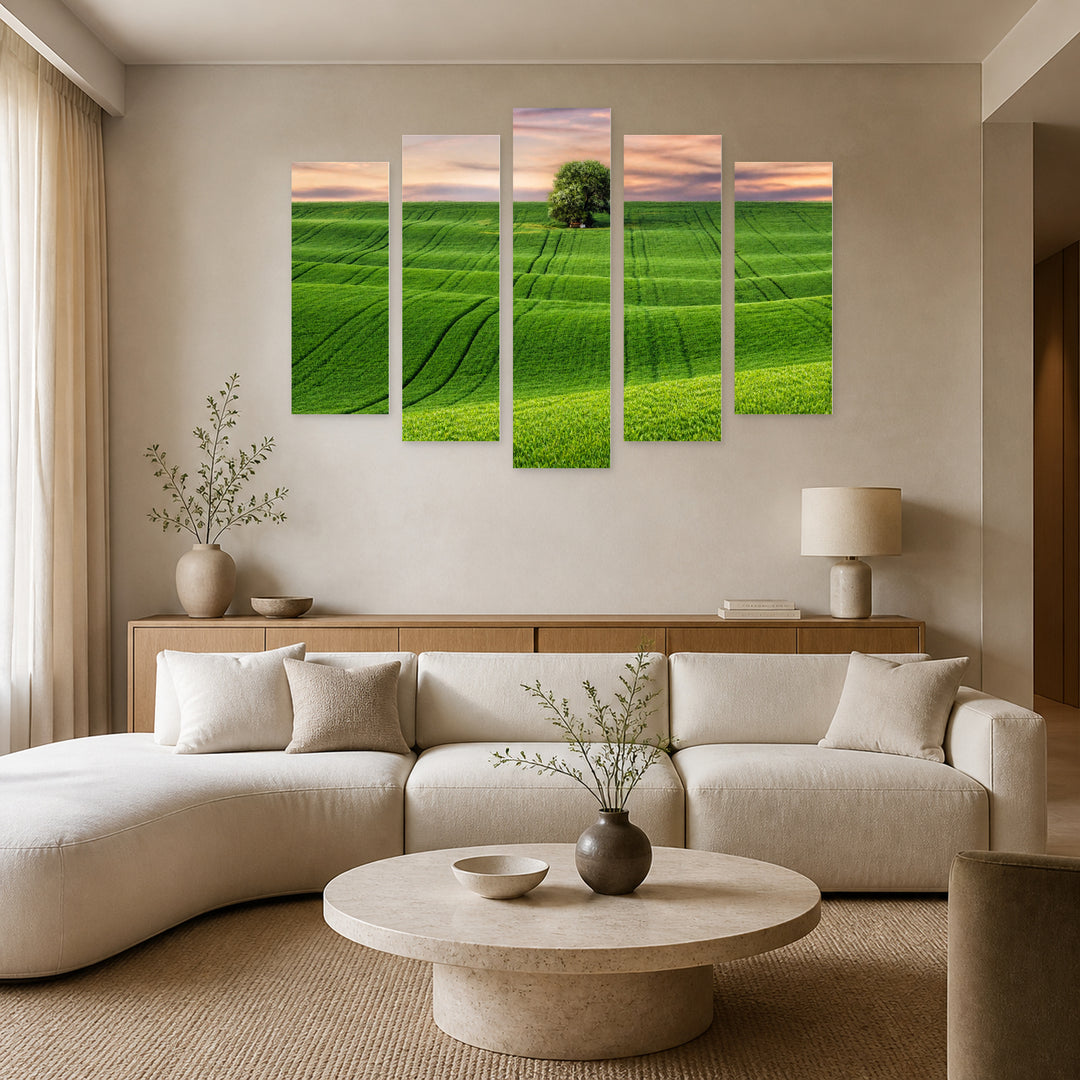 Rural Landscape with Field and Tree Landscape Study — five-panel wall art in frontal interior | 5wallart 55327 M3