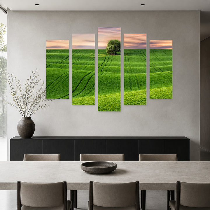 Rural Landscape with Field and Tree Landscape Study — five-panel wall art in alternate frontal interior | 5wallart 55327 M4