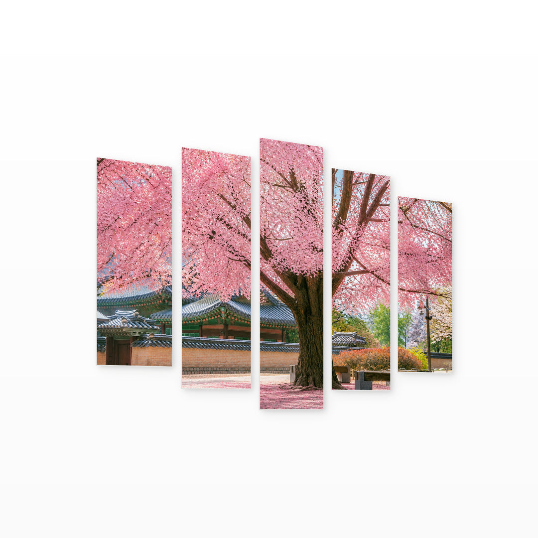 Blooming Pink Tree in Soft Pastels — five-panel wall art on white background in perspective | 5wallart 55328 M1