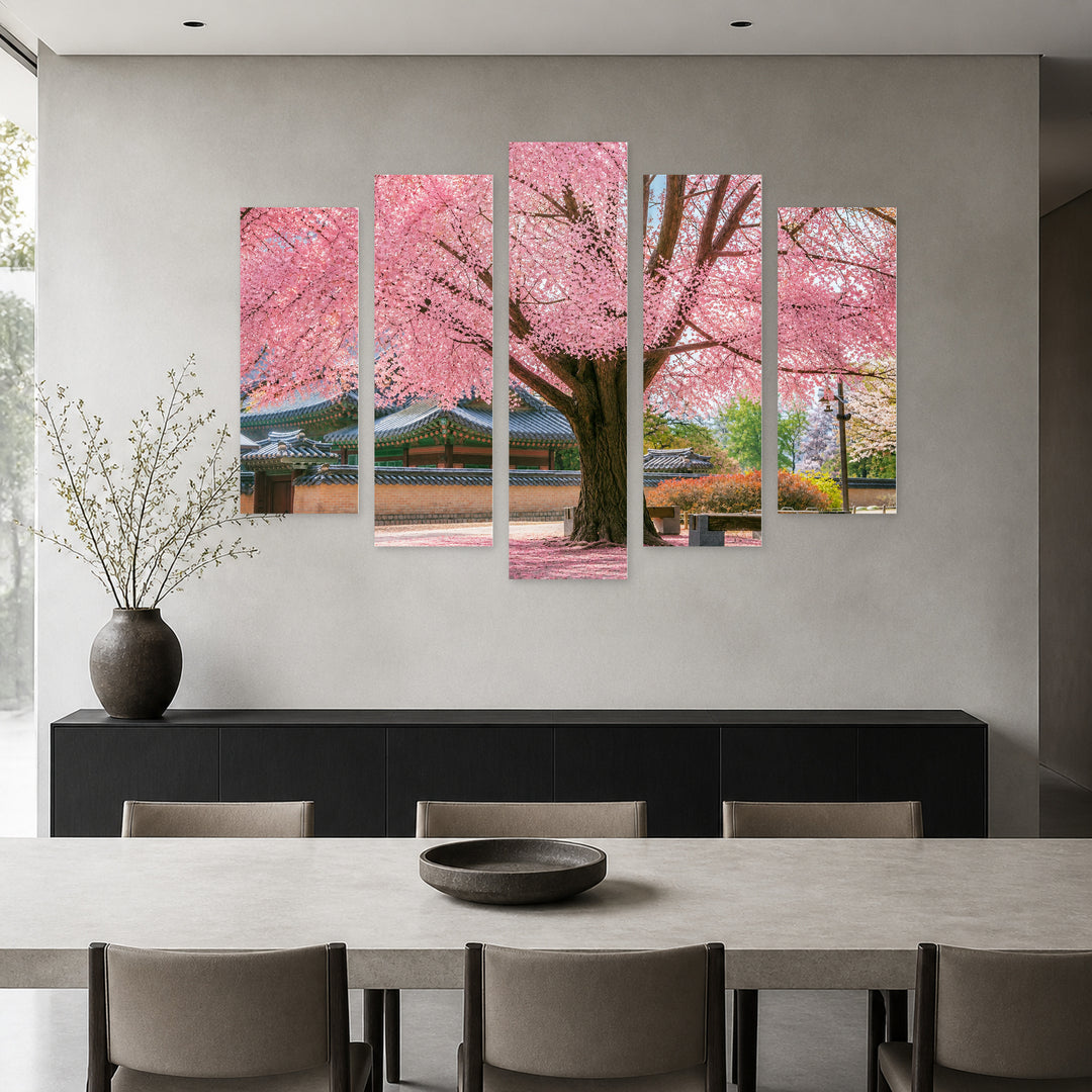 Blooming Pink Tree in Soft Pastels — five-panel wall art in frontal interior | 5wallart 55328 M3