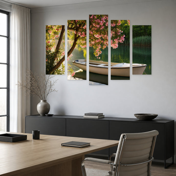 Romance by the River in Serene Light — five-panel wall art in alternate frontal interior | 5wallart 55329 M4