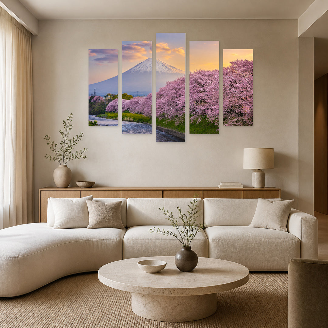 Spring Landscape in Serene Light — five-panel wall art in alternate frontal interior | 5wallart 55330 M4