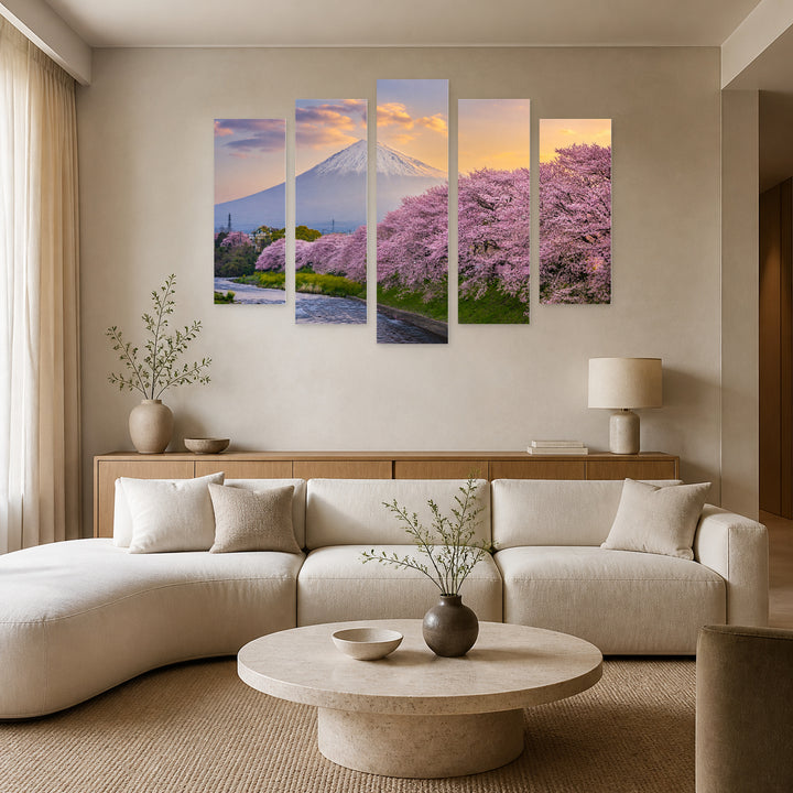 Spring Landscape in Serene Light — five-panel wall art in alternate frontal interior | 5wallart 55330 M4