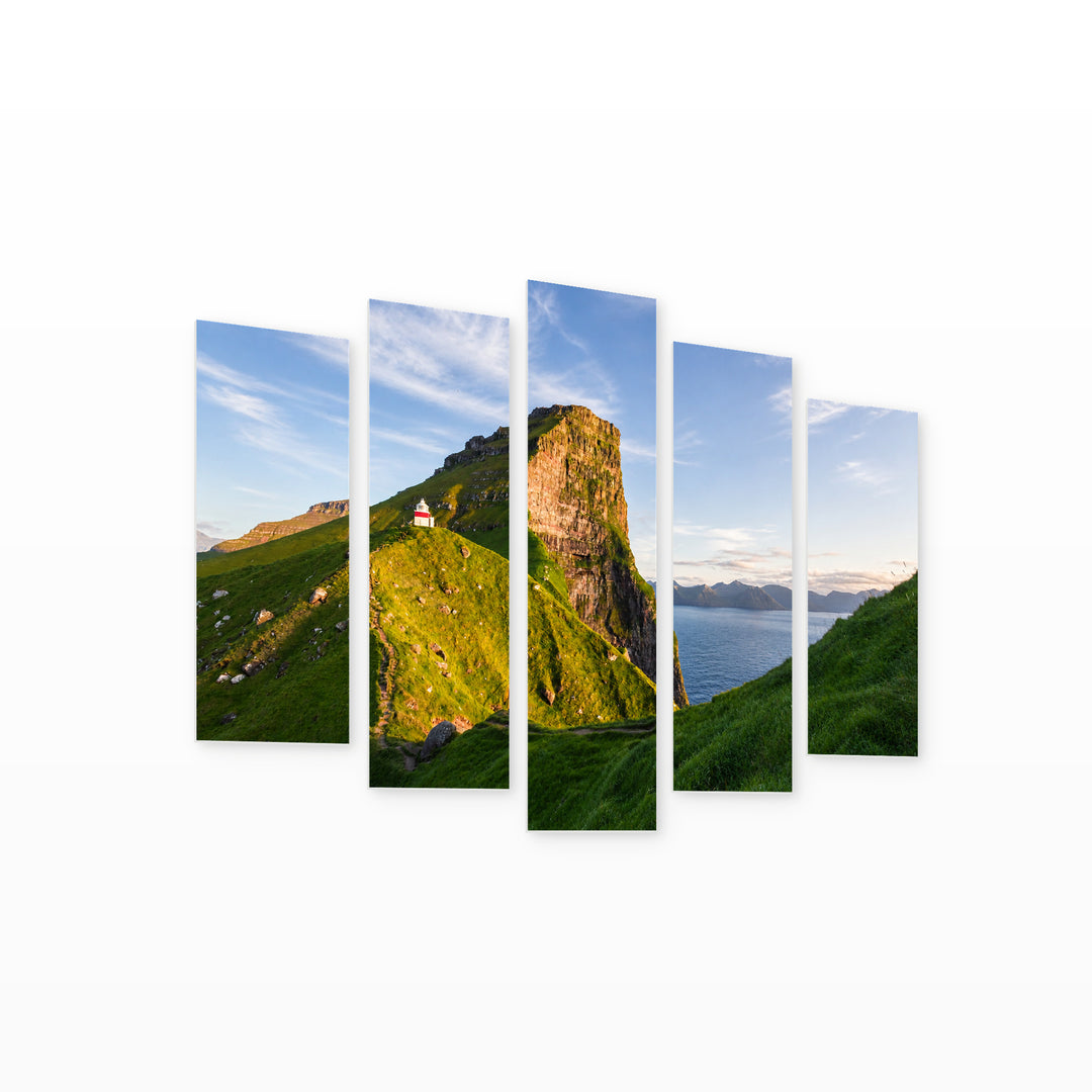 Green Hills in Serene Light — five-panel wall art on white background in perspective | 5wallart 55331 M1