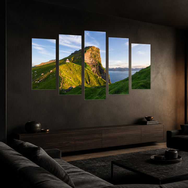 Green Hills in Serene Light — five-panel wall art in perspective interior | 5wallart 55331 M2