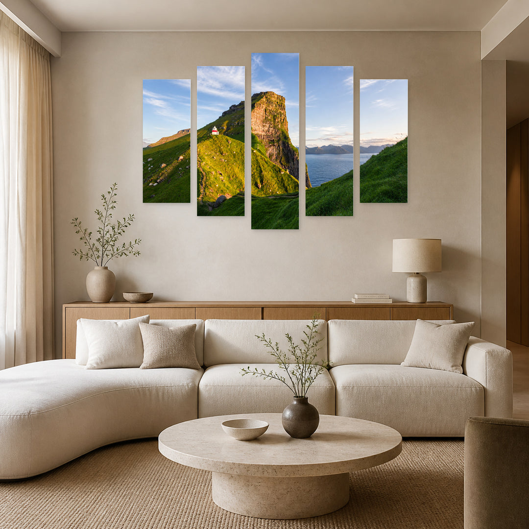Green Hills in Serene Light — five-panel wall art in frontal interior | 5wallart 55331 M3