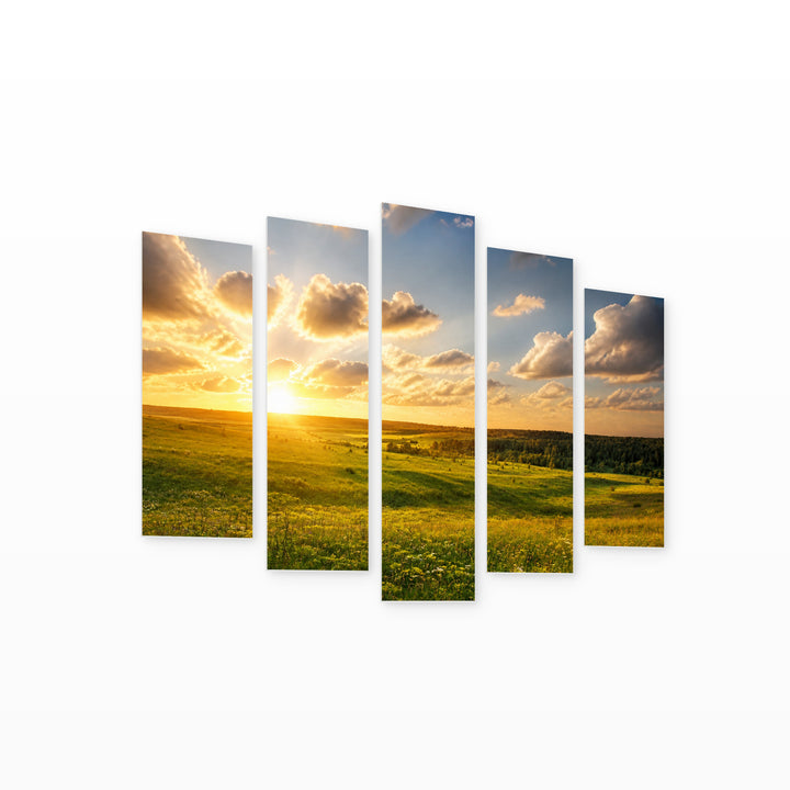 Summer Landscape in Serene Light — five-panel wall art on white background in perspective | 5wallart 55332 M1