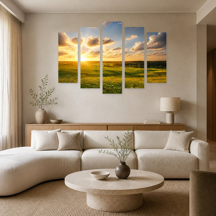 Summer Landscape in Serene Light — five-panel wall art in alternate frontal interior | 5wallart 55332 M4