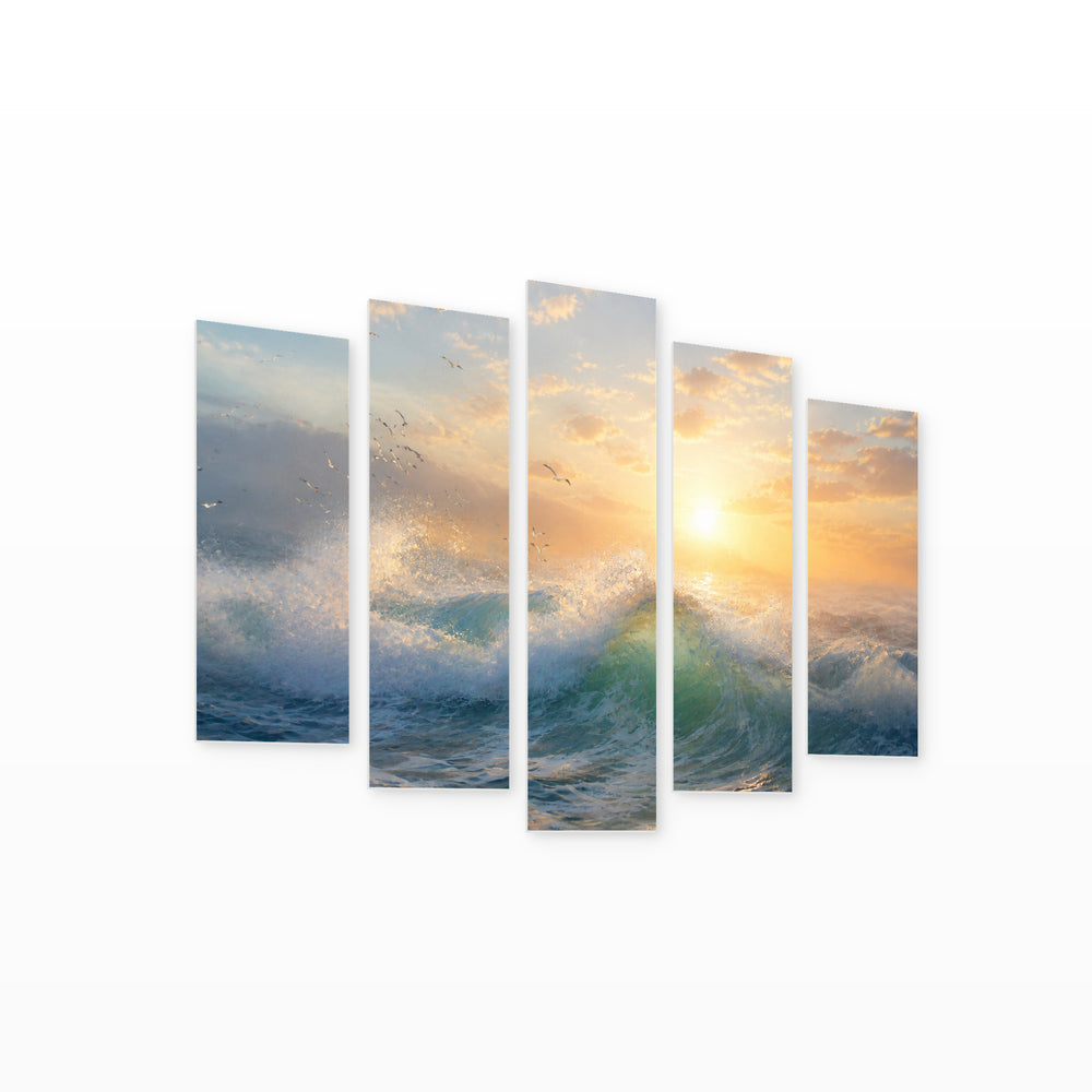 Seascape in Serene Light — five-panel wall art on white background in perspective | 5wallart 55333 M1