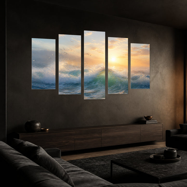Seascape in Serene Light — five-panel wall art in perspective interior | 5wallart 55333 M2