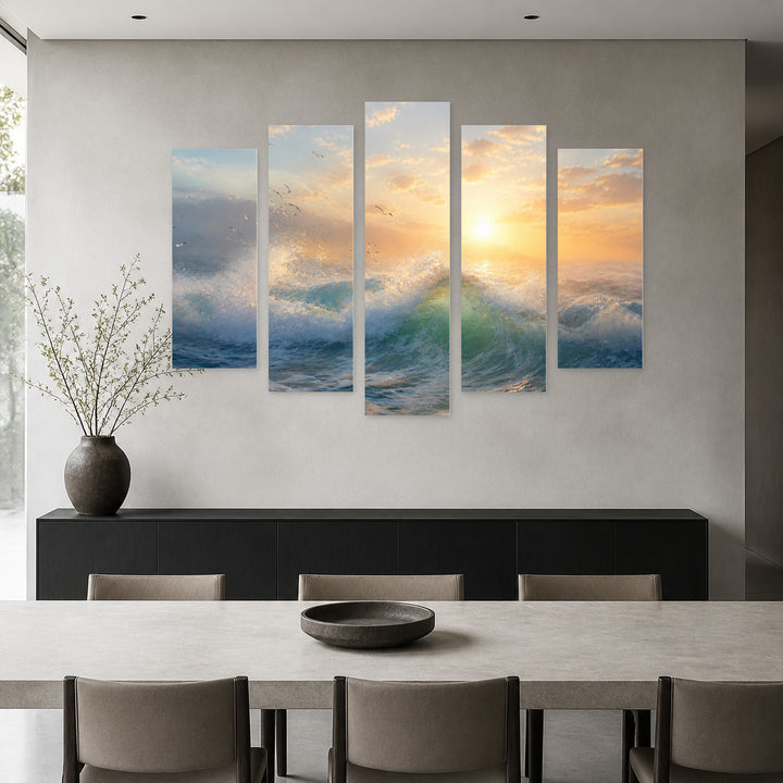 Seascape in Serene Light — five-panel wall art in alternate frontal interior | 5wallart 55333 M4
