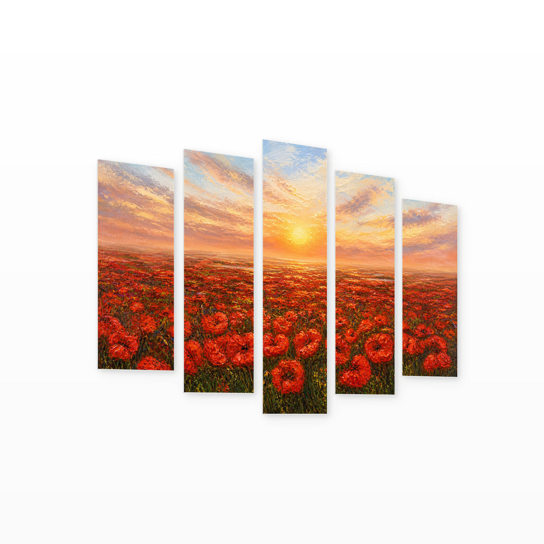 Golden Sunset over Poppy Field — five-panel wall art on white background in perspective | 5wallart 55334 M1