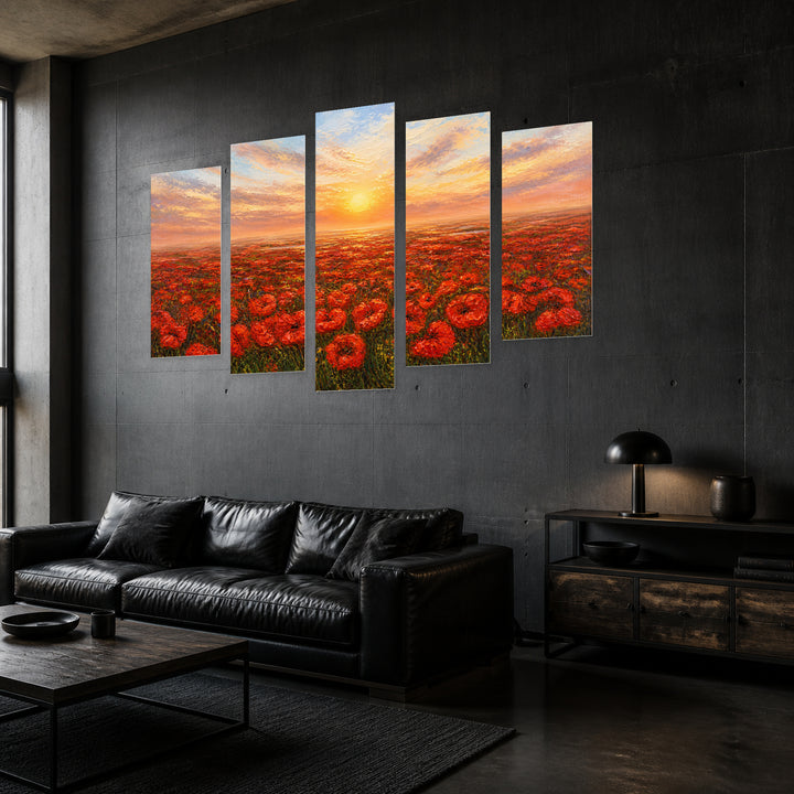 Golden Sunset over Poppy Field — five-panel wall art in perspective interior | 5wallart 55334 M2