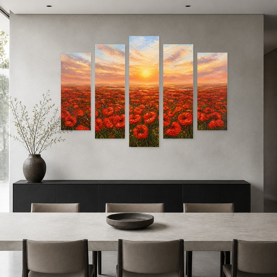 Golden Sunset over Poppy Field — five-panel wall art in frontal interior | 5wallart 55334 M3