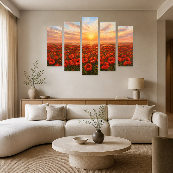 Golden Sunset over Poppy Field — five-panel wall art in alternate frontal interior | 5wallart 55334 M4