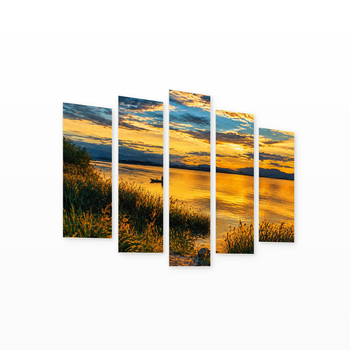 Boat on the Lake in Blue and Gold — five-panel wall art on white background in perspective | 5wallart 55335 M1