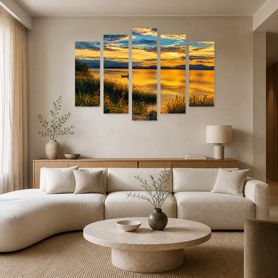 Boat on the Lake in Blue and Gold — five-panel wall art in frontal interior | 5wallart 55335 M3