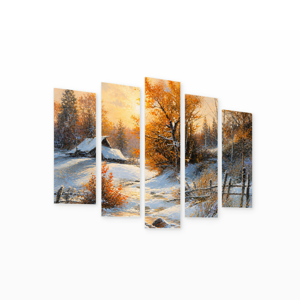Rural Winter Landscape in Serene Light — five-panel wall art on white background in perspective | 5wallart 55336 M1