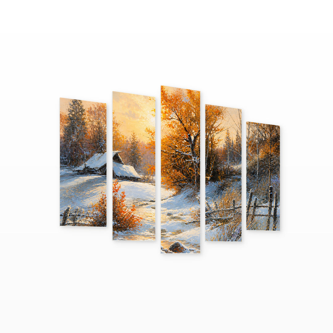 Rural Winter Landscape in Serene Light — five-panel wall art on white background in perspective | 5wallart 55336 M1