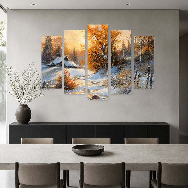 Rural Winter Landscape in Serene Light — five-panel wall art in frontal interior | 5wallart 55336 M3