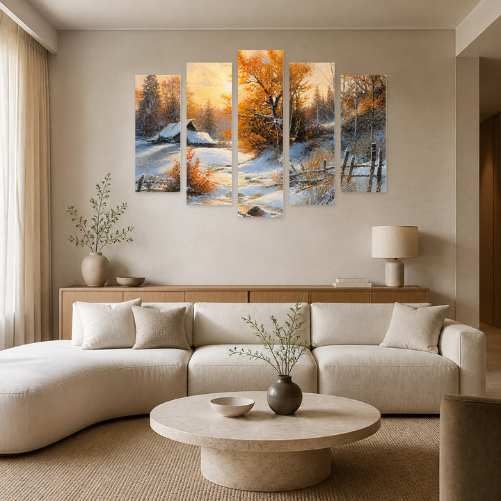 Rural Winter Landscape in Serene Light — five-panel wall art in alternate frontal interior | 5wallart 55336 M4