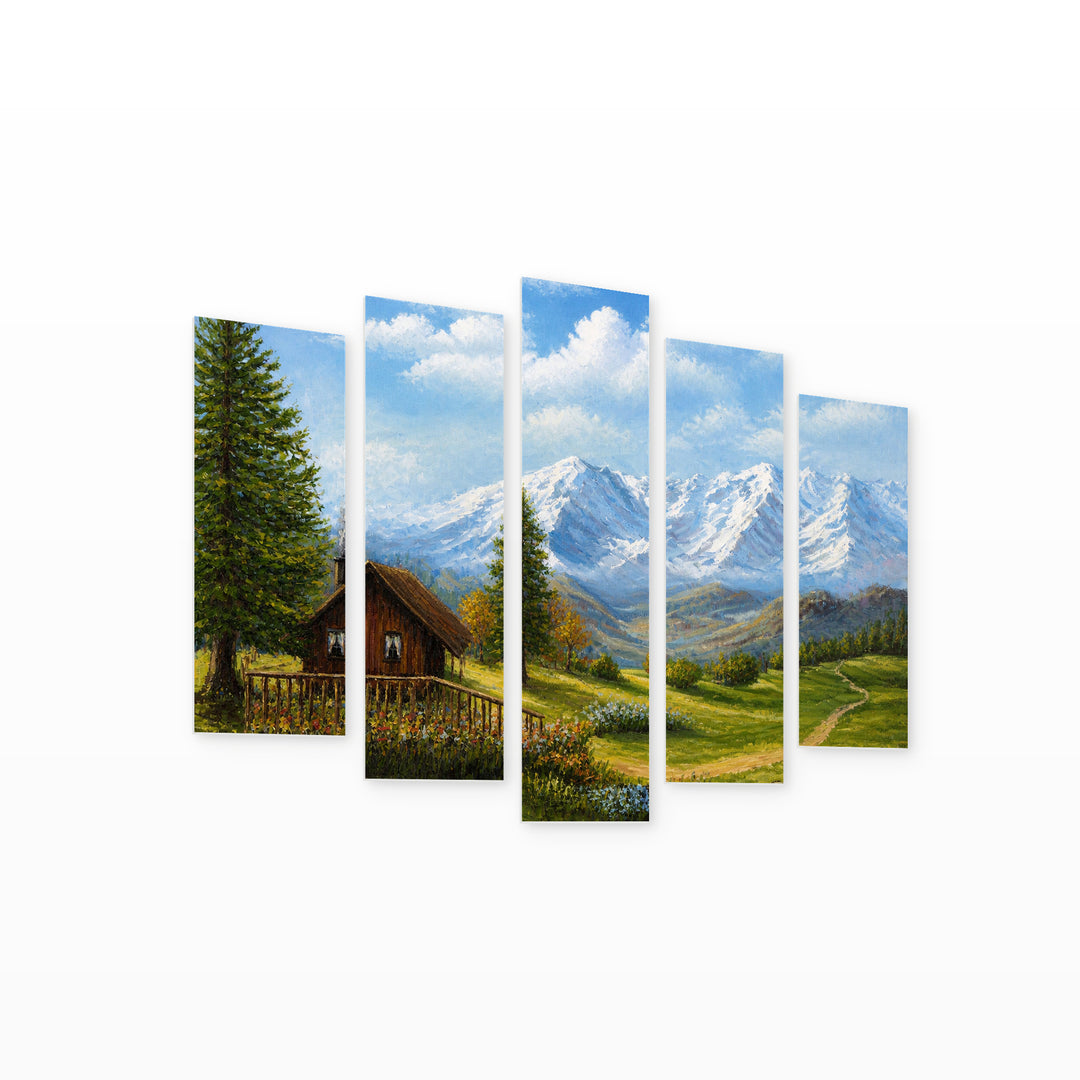 Mountain Landscape View in Blue and Gold — five-panel wall art on white background in perspective | 5wallart 55337 M1