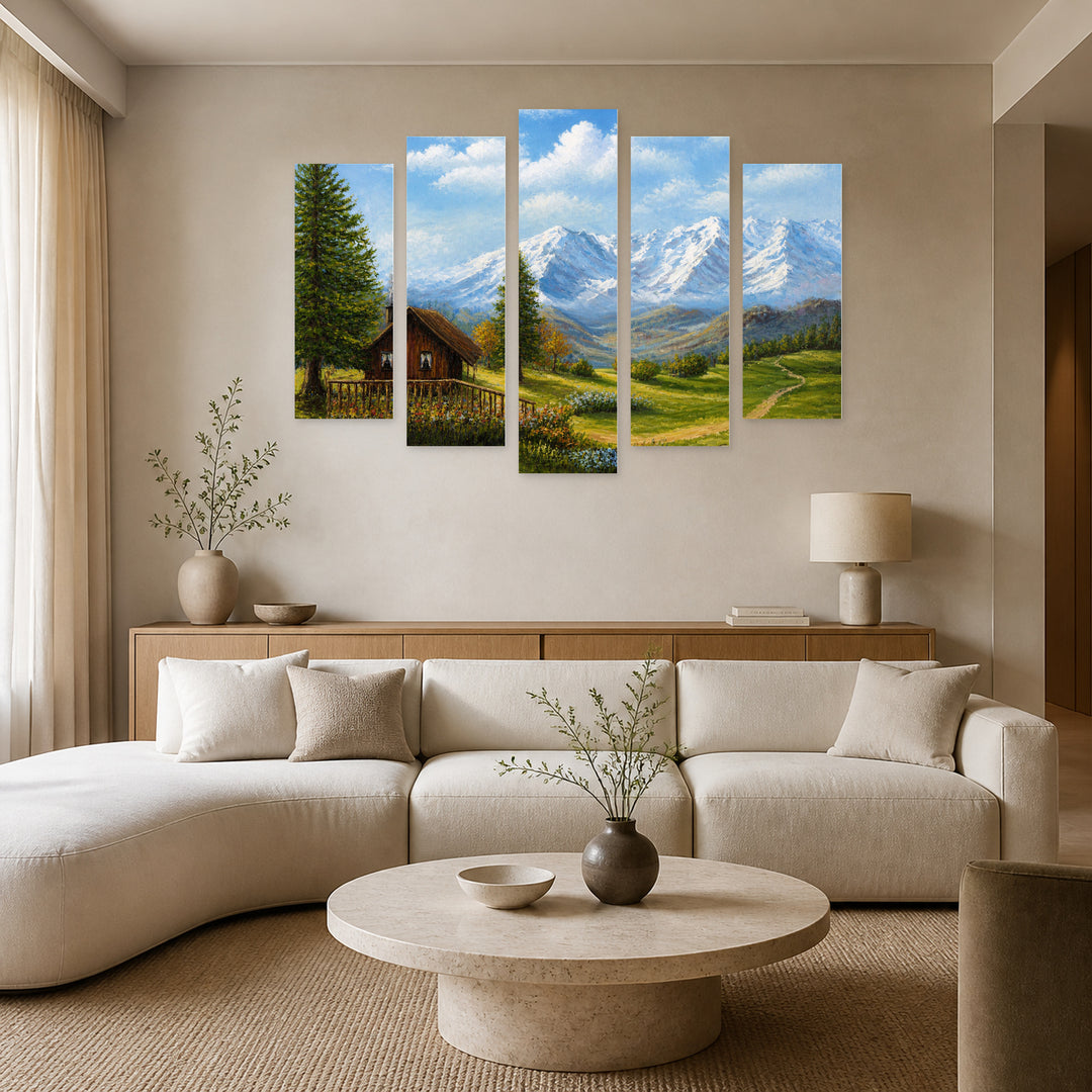 Mountain Landscape View in Blue and Gold — five-panel wall art in frontal interior | 5wallart 55337 M3