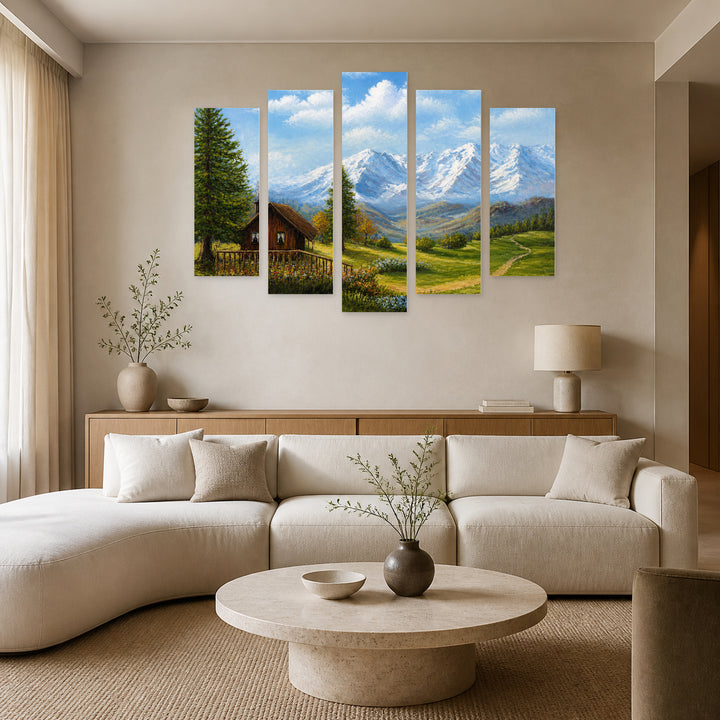 Mountain Landscape View in Blue and Gold — five-panel wall art in frontal interior | 5wallart 55337 M3