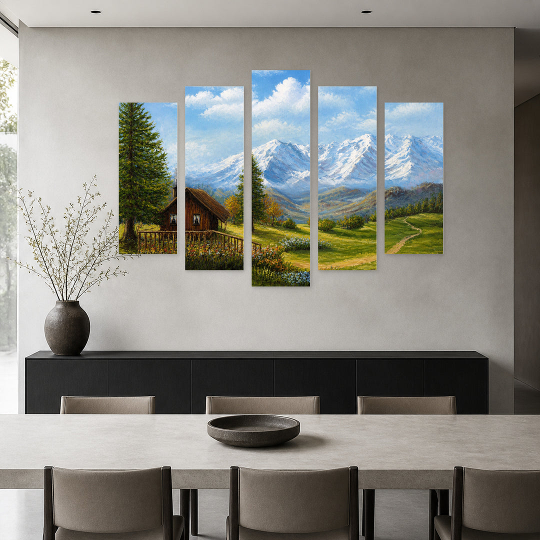 Mountain Landscape View in Blue and Gold — five-panel wall art in alternate frontal interior | 5wallart 55337 M4