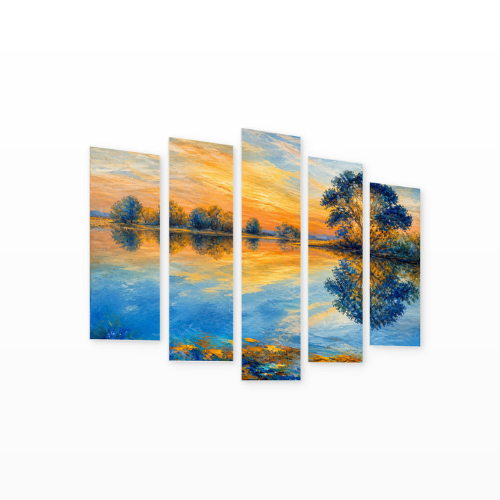 Tree by the Lake in Blue and Gold — five-panel wall art on white background in perspective | 5wallart 55340 M1