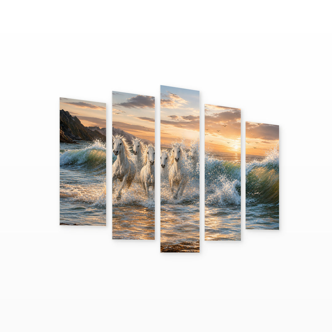 White Horses in Serene Light — five-panel wall art on white background in perspective | 5wallart 55341 M1