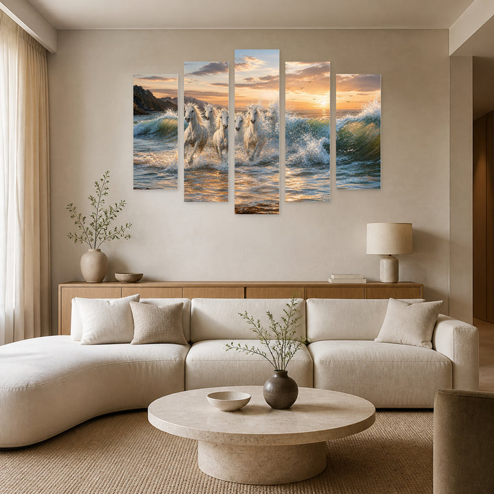 White Horses in Serene Light — five-panel wall art in frontal interior | 5wallart 55341 M3