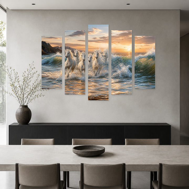 White Horses in Serene Light — five-panel wall art in alternate frontal interior | 5wallart 55341 M4