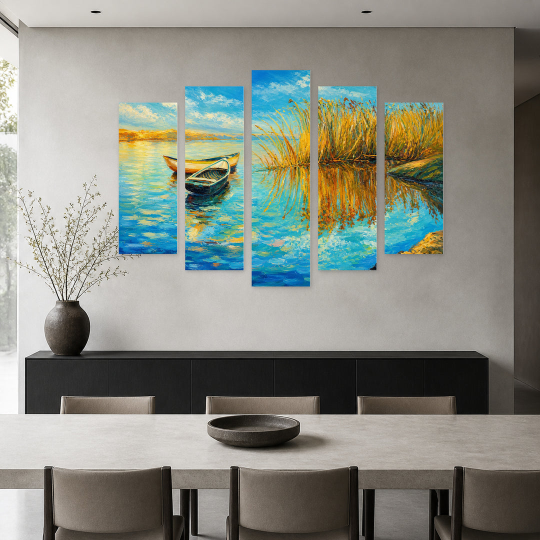 Boat on the Lake in Blue and II — five-panel wall art in frontal interior | 5wallart 55342 M3
