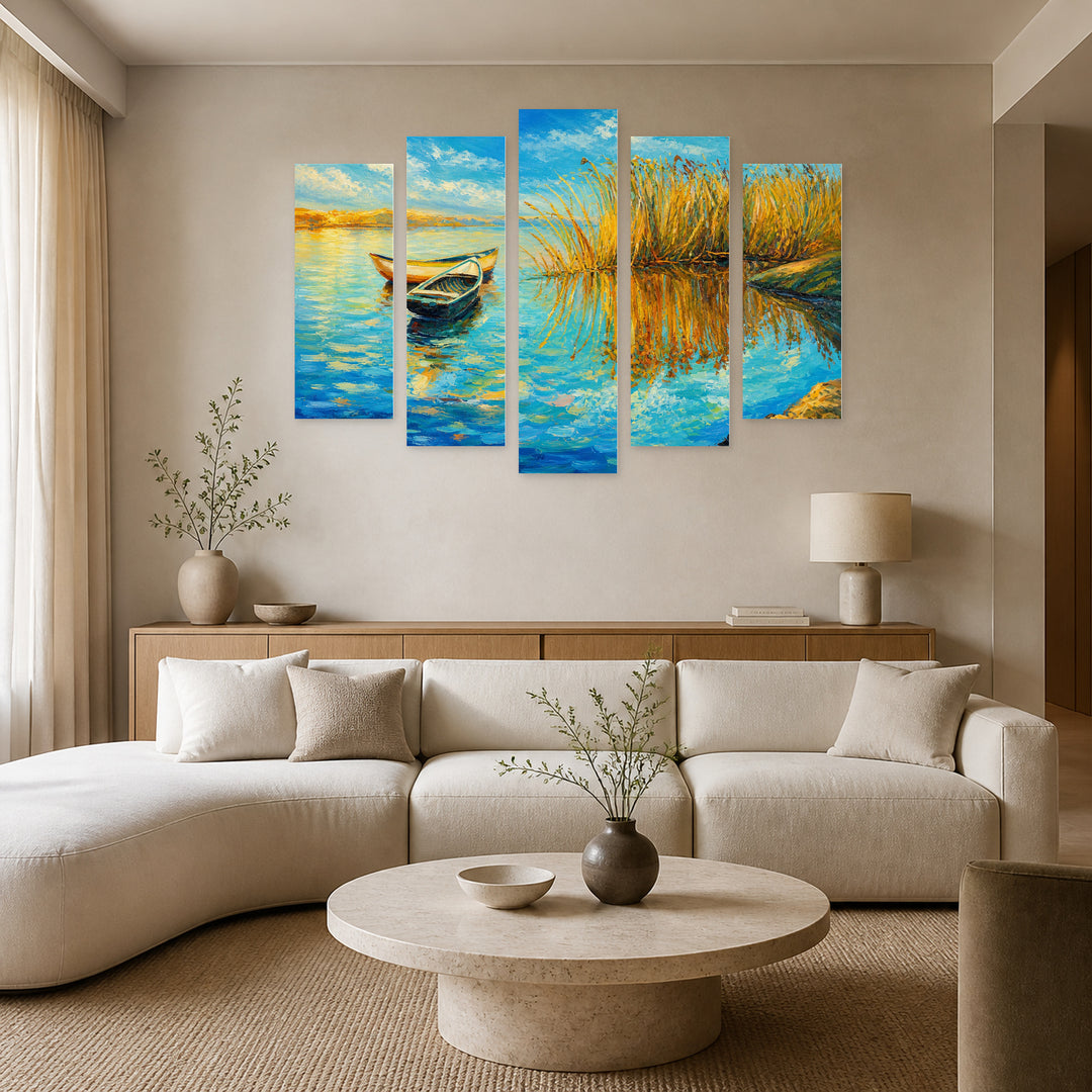 Boat on the Lake in Blue and II — five-panel wall art in alternate frontal interior | 5wallart 55342 M4