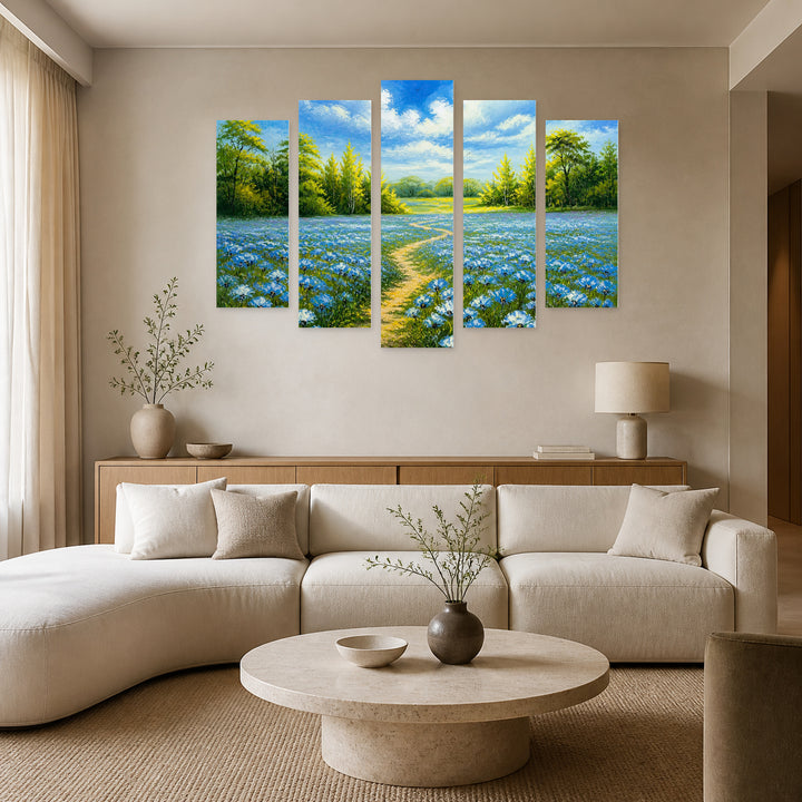 Field of Flowers in Vivid Color — five-panel wall art in frontal interior | 5wallart 55343 M3