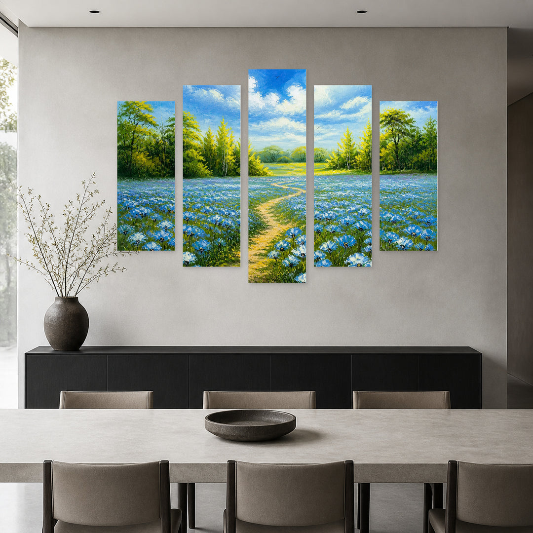 Field of Flowers in Vivid Color — five-panel wall art in alternate frontal interior | 5wallart 55343 M4