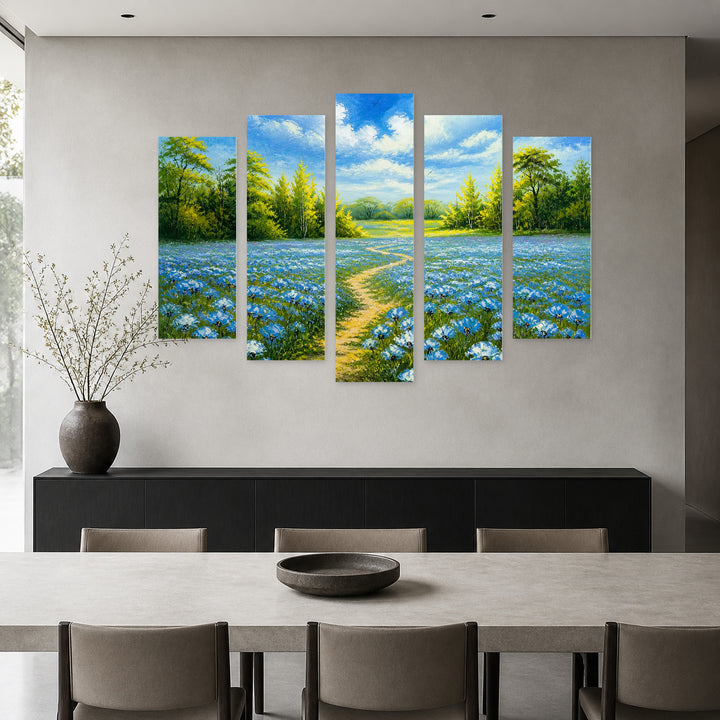 Field of Flowers in Vivid Color — five-panel wall art in alternate frontal interior | 5wallart 55343 M4