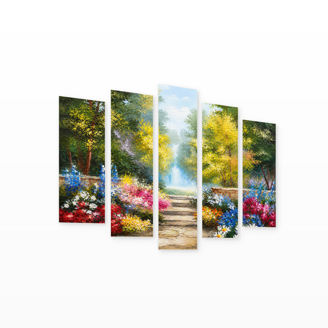 Colorful Summer Forest Landscape Study — five-panel wall art on white background in perspective | 5wallart 55344 M1
