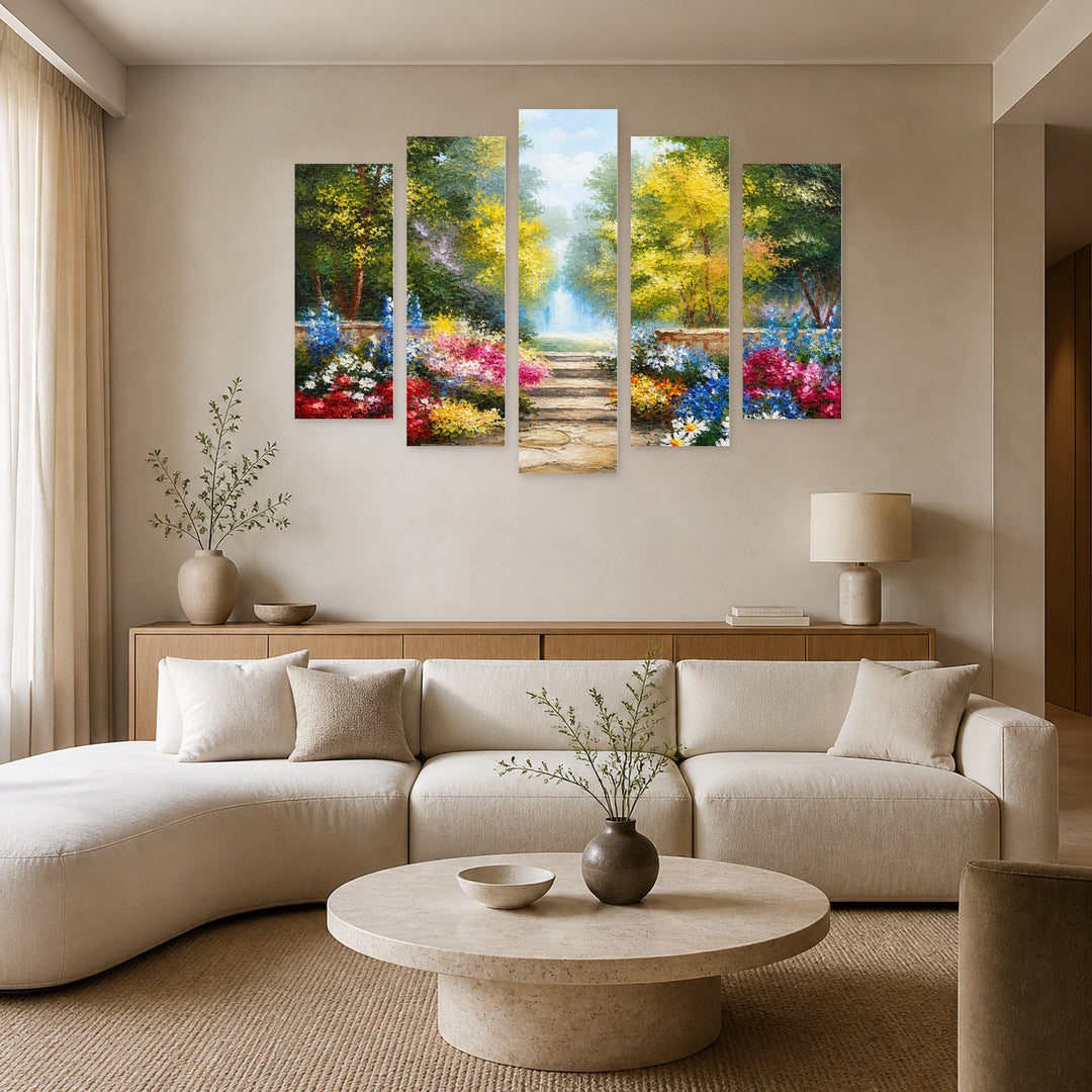 Colorful Summer Forest Landscape Study — five-panel wall art in alternate frontal interior | 5wallart 55344 M4