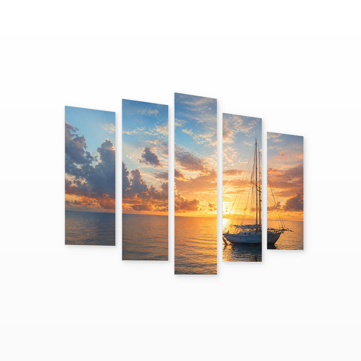 Seascape with Dreamlike Atmosphere — five-panel wall art on white background in perspective | 5wallart 55345 M1