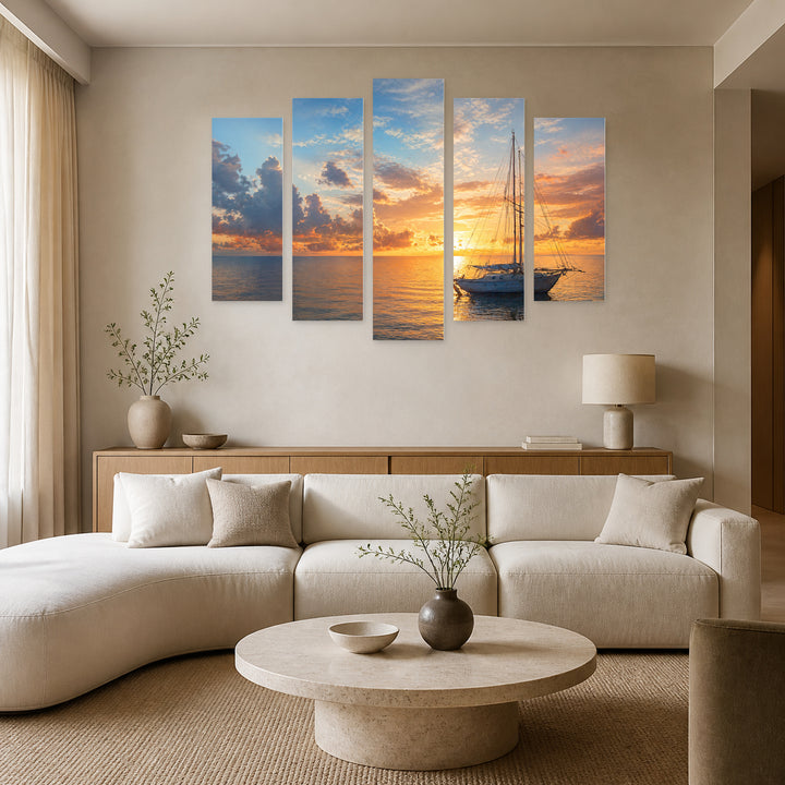 Seascape with Dreamlike Atmosphere — five-panel wall art in frontal interior | 5wallart 55345 M3