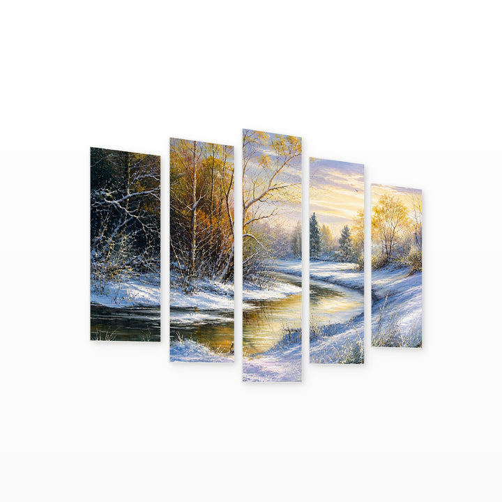 Winter Fairy Tale in Serene Light — five-panel wall art on white background in perspective | 5wallart 55347 M1